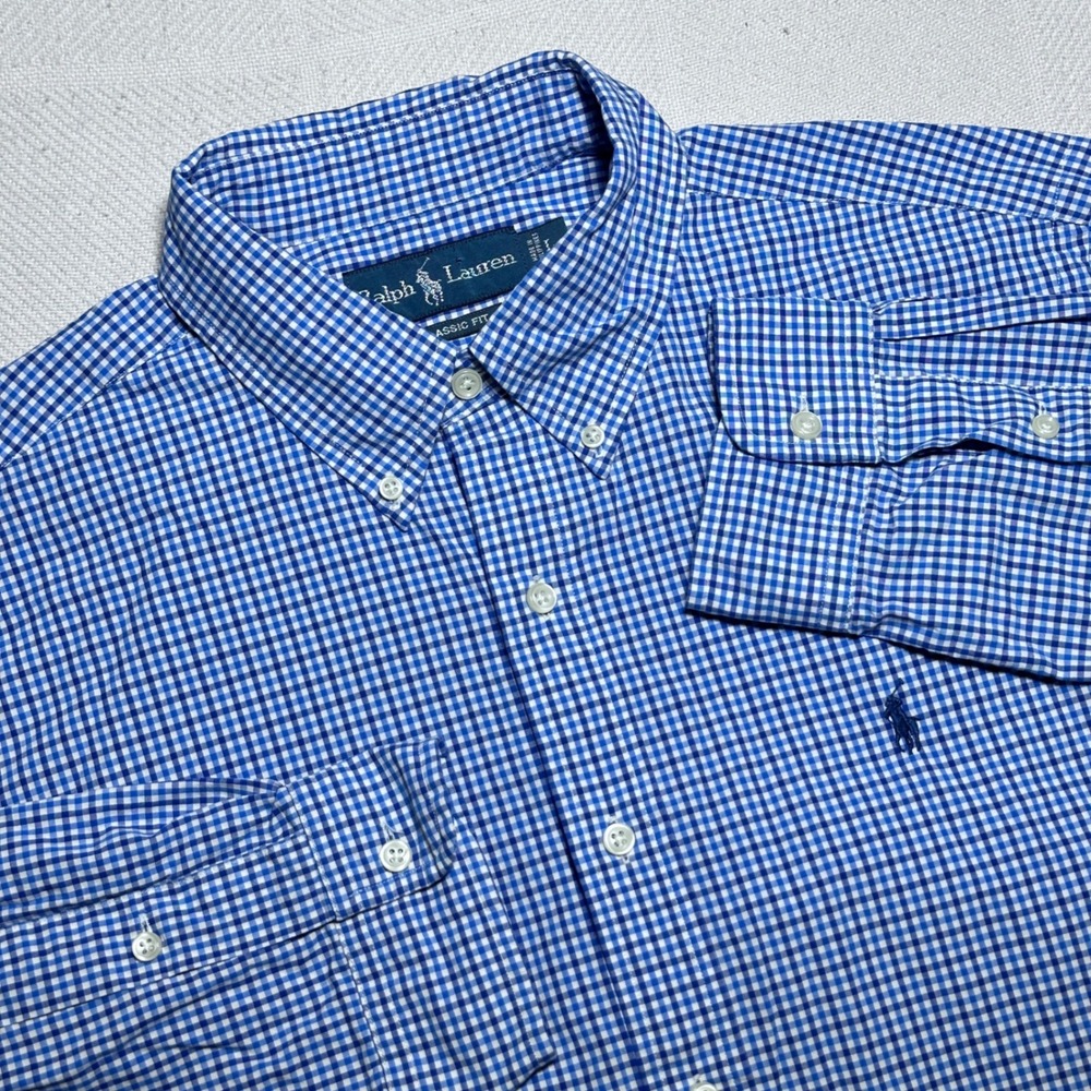 Ralph Lauren Button Down Shirt Mens Large Classic Fit Blue Check Plaid Pony